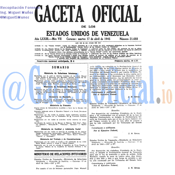 Gaceta Oficial 21688 del 17 Abril 1945