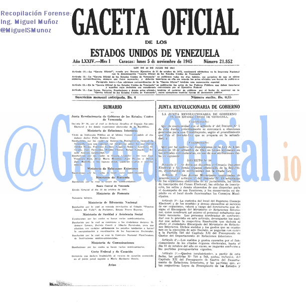 Gaceta Oficial 21852 del 5 Noviembre 1945