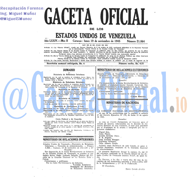 Gaceta Oficial 21864 del 19 Noviembre 1945