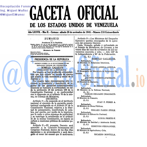 Gaceta Oficial 218 del 20 Noviembre 1948