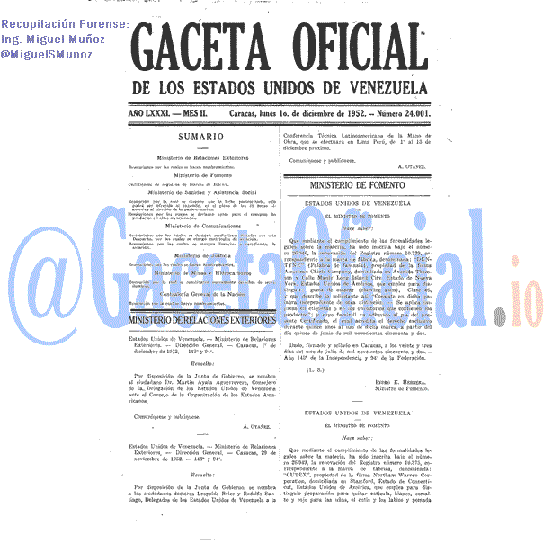 Gaceta Oficial 24001 del 1 Diciembre 1952