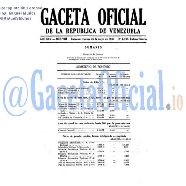 Gaceta Oficial 1105 1967-05-26 Gaceta Oficial 1105 del 26 Mayo 1967