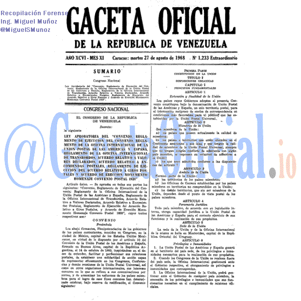 Gaceta Oficial 1233 1968-08-27 Gaceta Oficial 1233 del 27 Agosto 1968