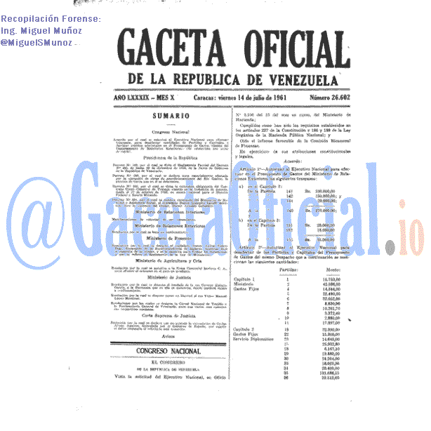 Gaceta Oficial 26602 del 14 Julio 1961