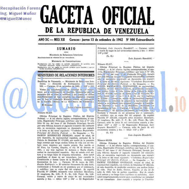 Gaceta Oficial 806 1962-09-13 Gaceta Oficial 806 del 13 Septiembre 1962