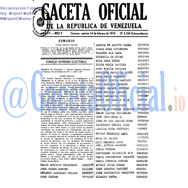 Gaceta Oficial 2166 del 14 Febrero 1978