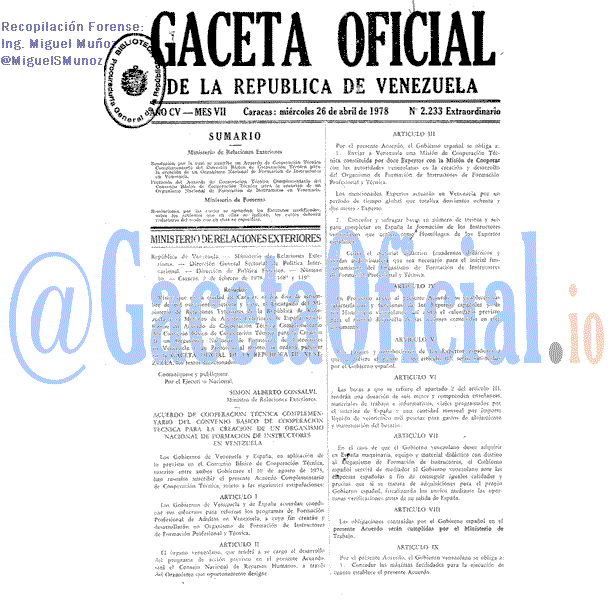 Gaceta Oficial 2233 1978-04-26 Gaceta Oficial 2233 del 26 Abril 1978