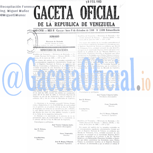 Gaceta Oficial 2698 1980-12-08 Gaceta Oficial 2698 del 8 Diciembre 1980