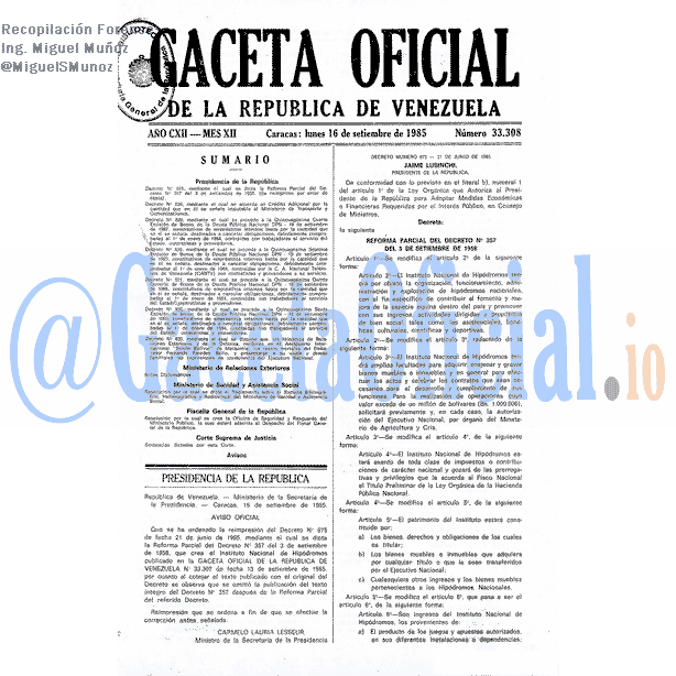 Gaceta Oficial 33308 1985-09-16 Gaceta Oficial 33308 del 16 Septiembre 1985