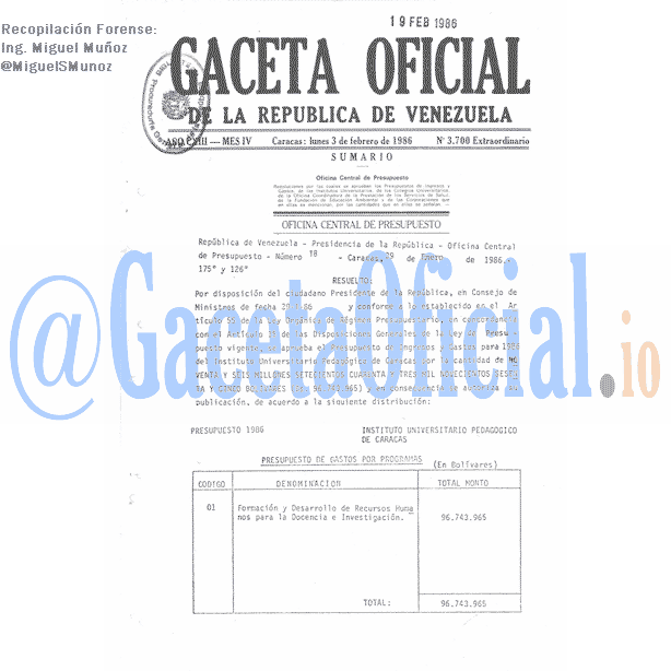 Gaceta Oficial 3700 del 3 Febrero 1986