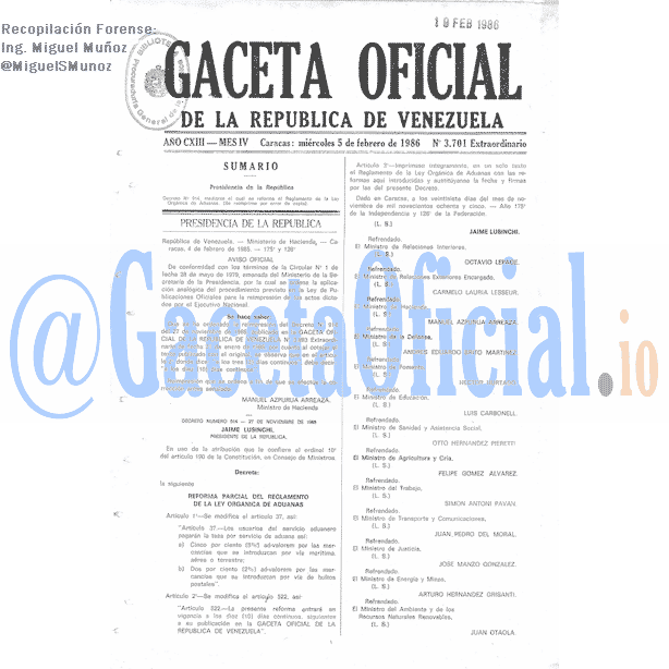 Gaceta Oficial 3701 del 5 Febrero 1986