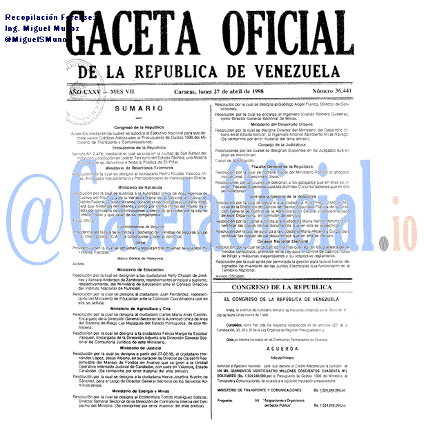 Gaceta Oficial 36441 1998-04-27 Gaceta Oficial 36441 del 27 Abril 1998