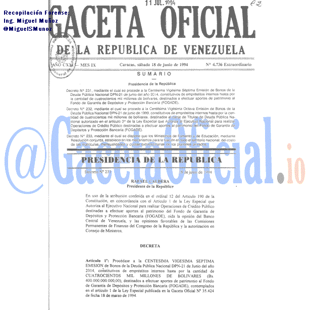 Gaceta Oficial 4736 1994-06-18 Gaceta Oficial 4736 del 18 Junio 1994