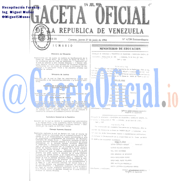 Gaceta Oficial 4738 1994-06-23 Gaceta Oficial 4738 del 23 Junio 1994