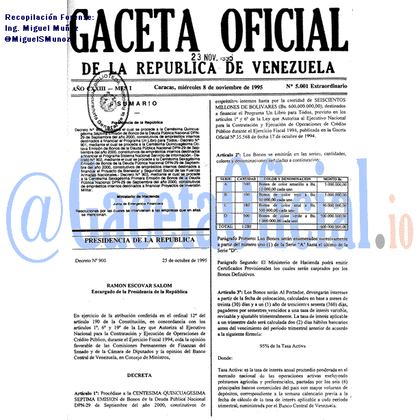 Gaceta Oficial 5001 1995-11-08 Gaceta Oficial 5001 del 8 Noviembre 1995