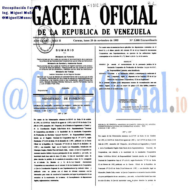 Gaceta Oficial 5008 1995-11-20 Gaceta Oficial 5008 del 20 Noviembre 1995