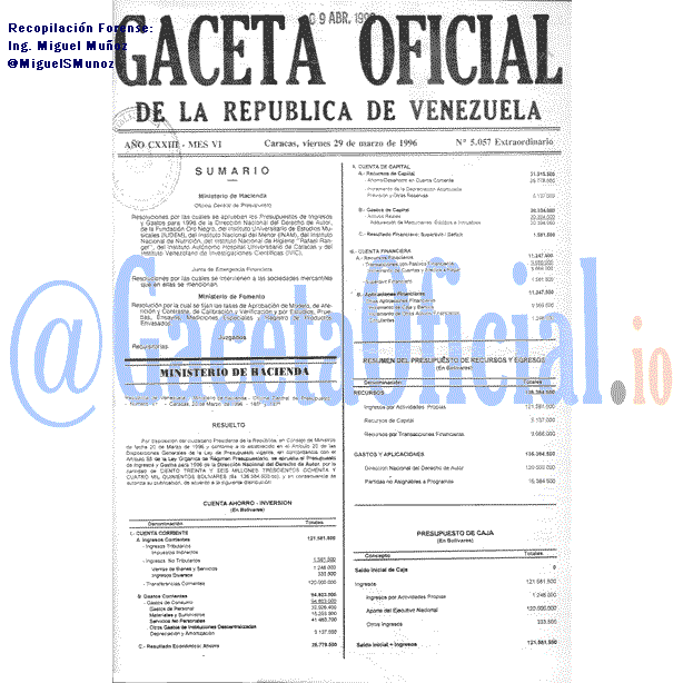 Gaceta Oficial 5057 1996-03-29 Gaceta Oficial 5057 del 29 Marzo 1996