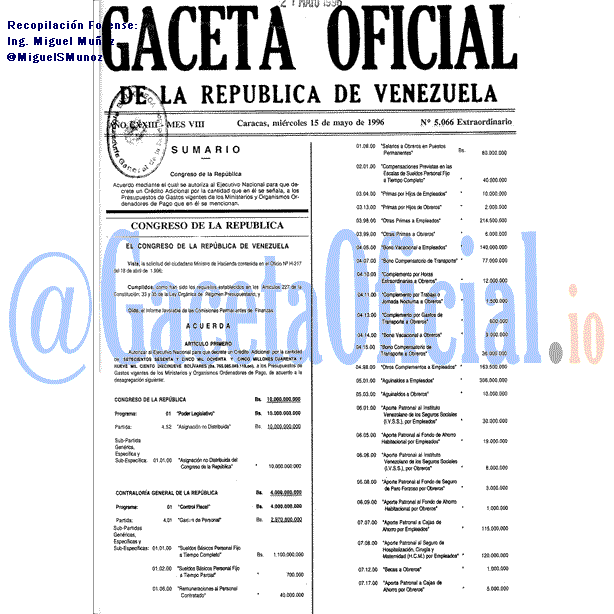 Gaceta Oficial 5066 1996-05-15 Gaceta Oficial 5066 del 15 Mayo 1996
