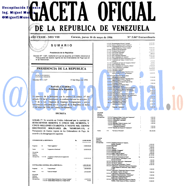 Gaceta Oficial 5067 1996-05-16 Gaceta Oficial 5067 del 16 Mayo 1996