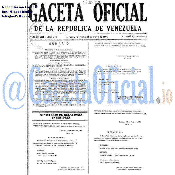 Gaceta Oficial 5069 1996-05-22 Gaceta Oficial 5069 del 22 Mayo 1996