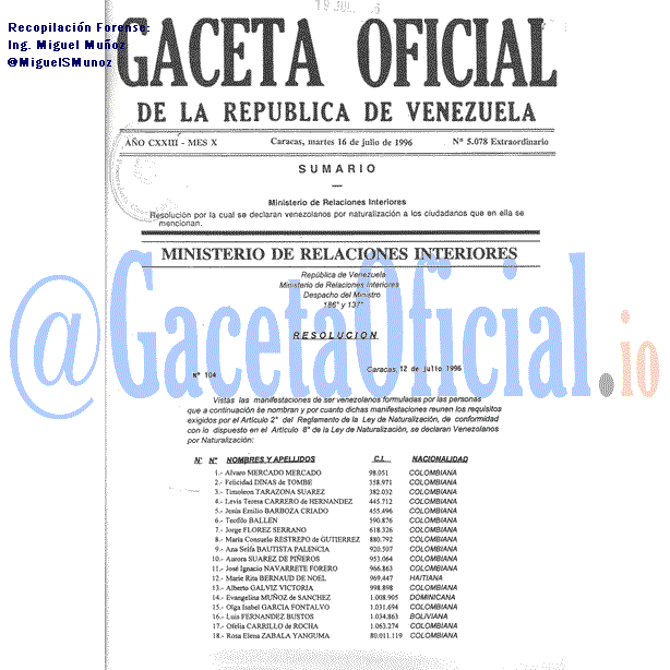 Gaceta Oficial 5078 1996-07-16 Gaceta Oficial 5078 del 16 Julio 1996