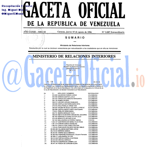 Gaceta Oficial 5087 1996-08-15 Gaceta Oficial 5087 del 15 Agosto 1996