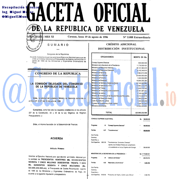 Gaceta Oficial 5088 1996-08-19 Gaceta Oficial 5088 del 19 Agosto 1996
