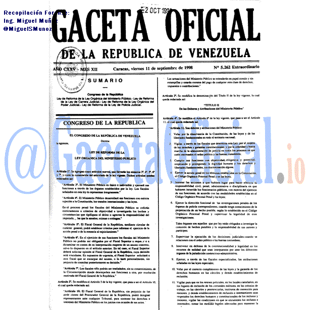 Gaceta Oficial 5262 1998-09-11 Gaceta Oficial 5262 del 11 Septiembre 1998