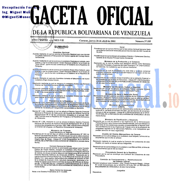 Gaceta Oficial 37185 del 26 Abril 2001