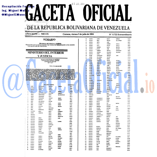 Gaceta Oficial 5722 2004-07-09 Gaceta Oficial 5722 del 9 Julio 2004
