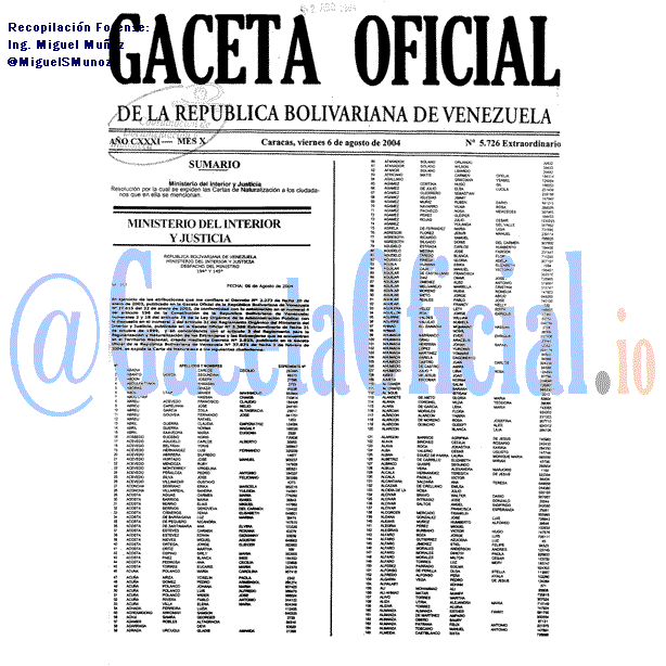Gaceta Oficial 5726 2004-08-06 Gaceta Oficial 5726 del 6 Agosto 2004