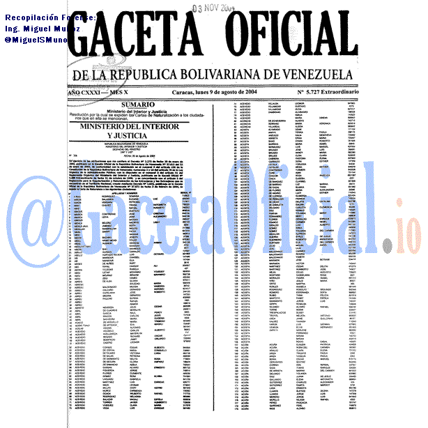 Gaceta Oficial 5727 2004-08-09 Gaceta Oficial 5727 del 9 Agosto 2004