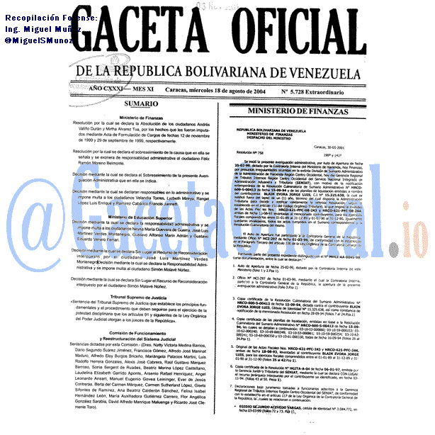 Gaceta Oficial 5728 2004-08-18 Gaceta Oficial 5728 del 18 Agosto 2004