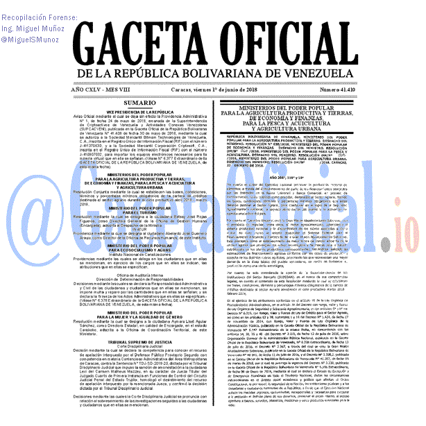 Gaceta Oficial 41410 del 1 junio 2018 Gaceta Oficial 41410 del 1 junio 2018