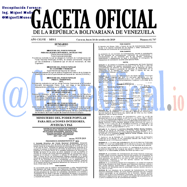 Gaceta Oficial 41737 del 14 Octubre 2019 Gaceta Oficial 41737 del 14 octubre 2019