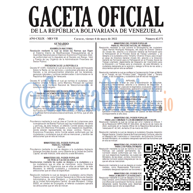 Venezuela Gaceta Oficial 42371 del 6 mayo 2022
