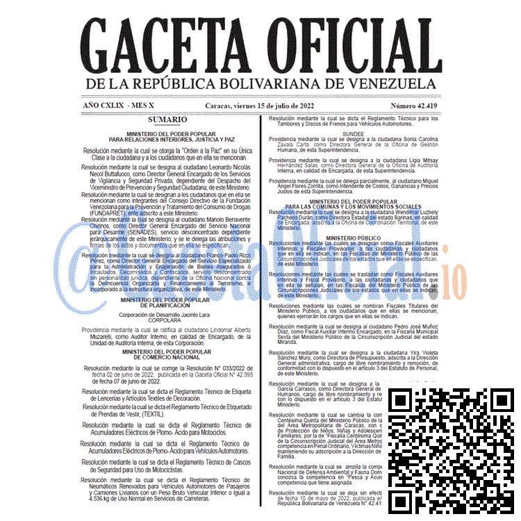 Venezuela Gaceta Oficial 42419 del 15 julio 2022