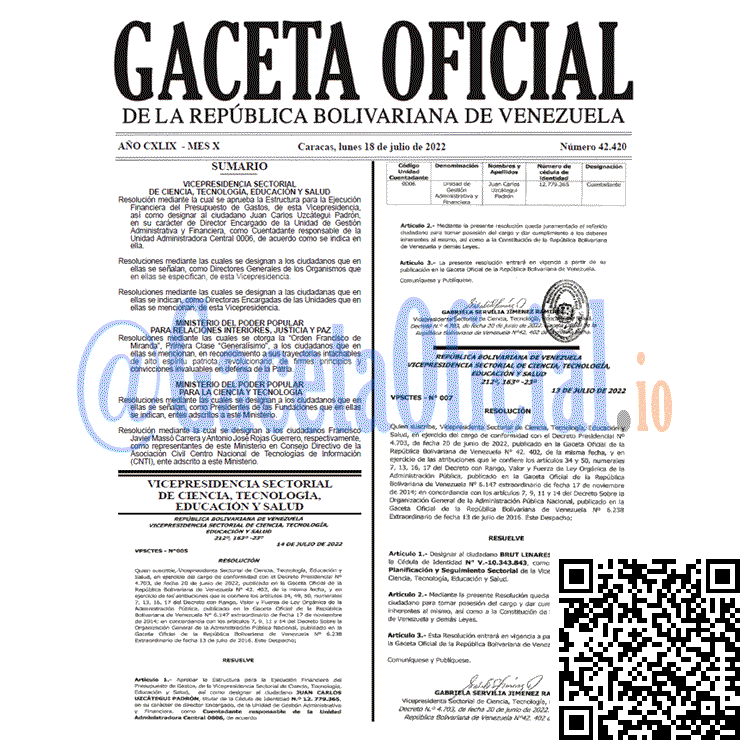Venezuela Gaceta Oficial 42420 del 18 julio 2022