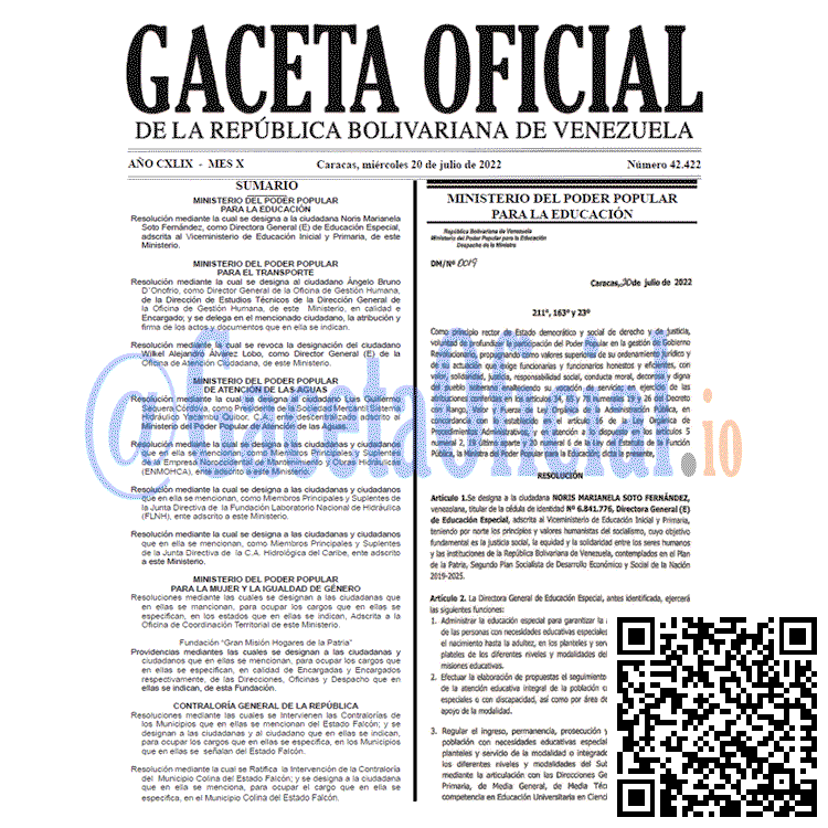 Venezuela Gaceta Oficial 42422 del 20 julio 2022