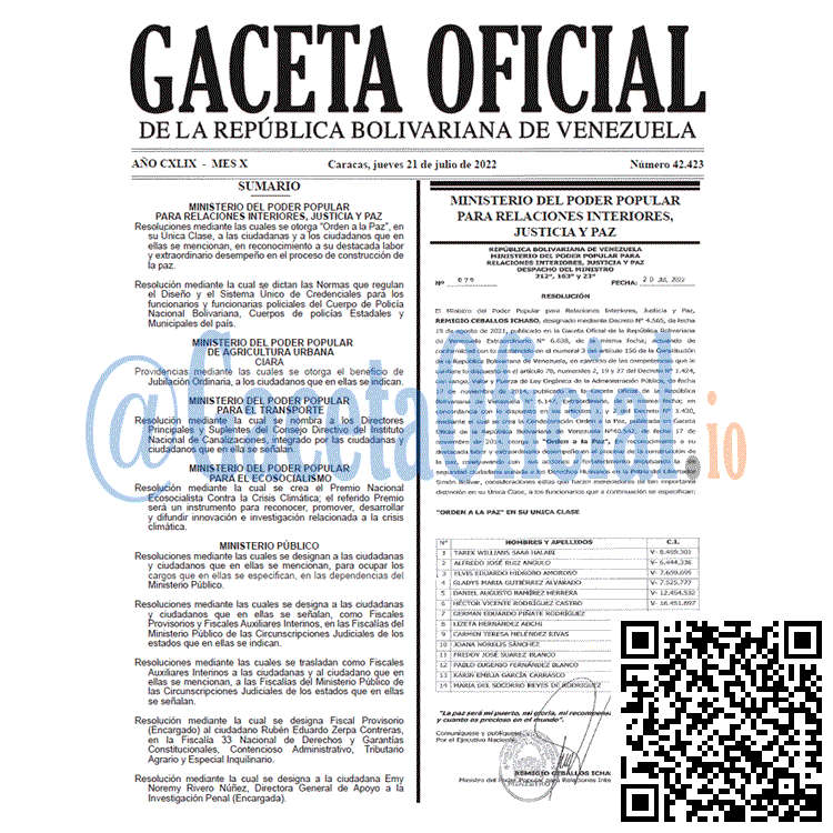 Venezuela Gaceta Oficial 42423 del 21 julio 2022