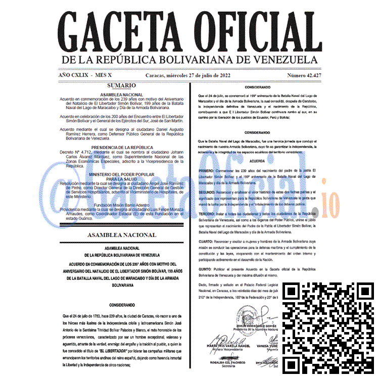 Venezuela Gaceta Oficial 42427 del 27 julio 2022