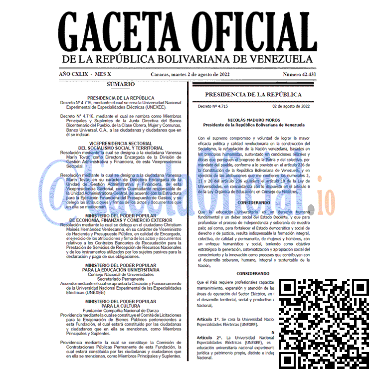 Venezuela Gaceta Oficial 42431 del 2 agosto 2022