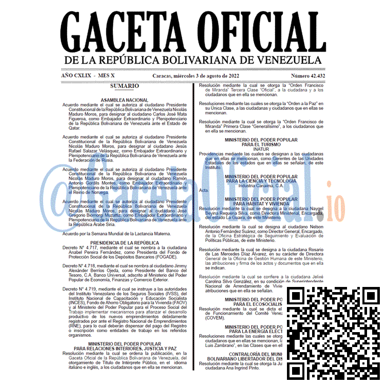 Venezuela Gaceta Oficial 42432 del 3 agosto 2022
