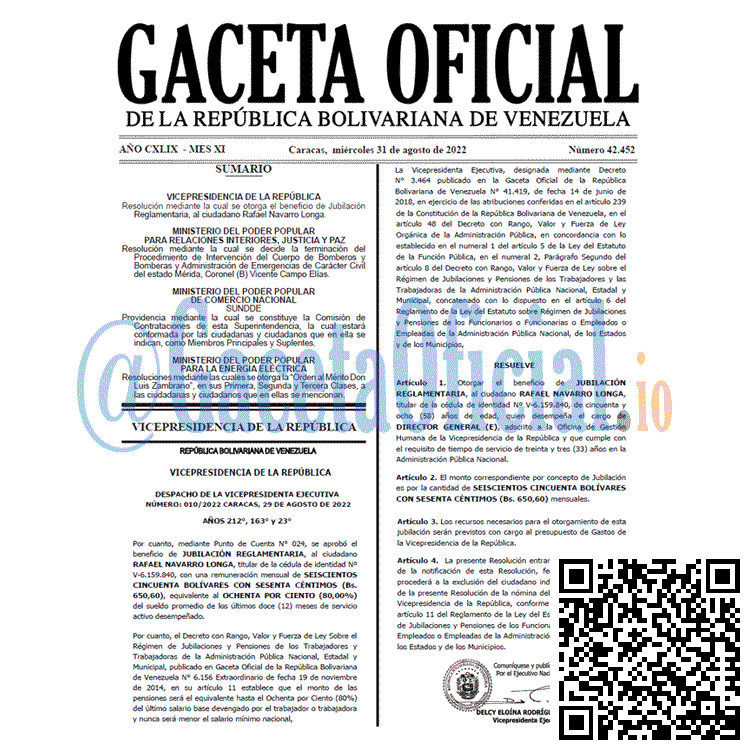 Venezuela Gaceta Oficial 42452 del 31 agosto 2022