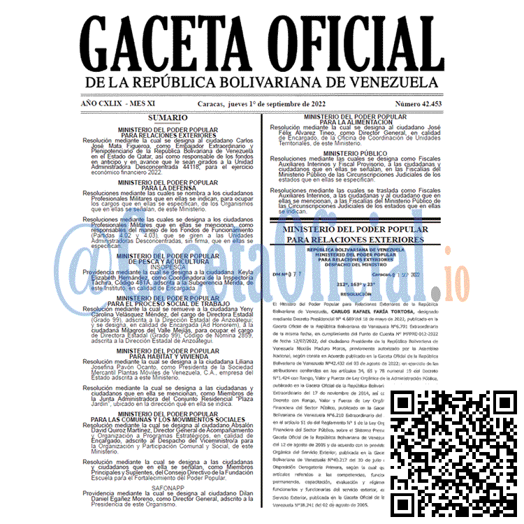 Venezuela Gaceta Oficial 42453 del 1 septiembre 2022