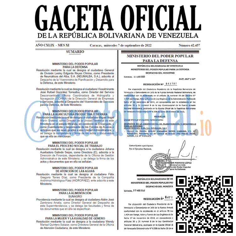 Venezuela Gaceta Oficial 42457 del 7 septiembre 2022
