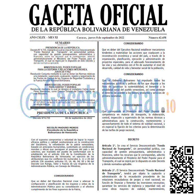 Venezuela Gaceta Oficial 42458 del 8 septiembre 2022
