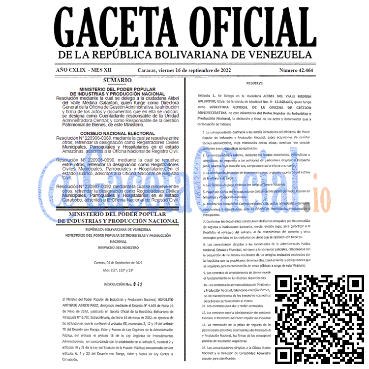 Venezuela Gaceta Oficial 42464 del 16 septiembre 2022