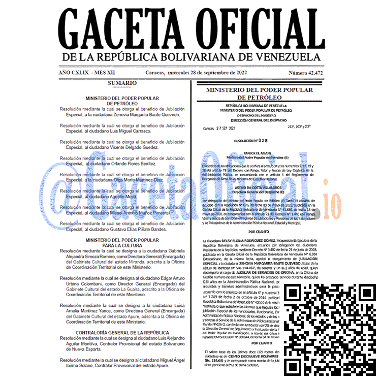 Venezuela Gaceta Oficial 42472 del 28 septiembre 2022