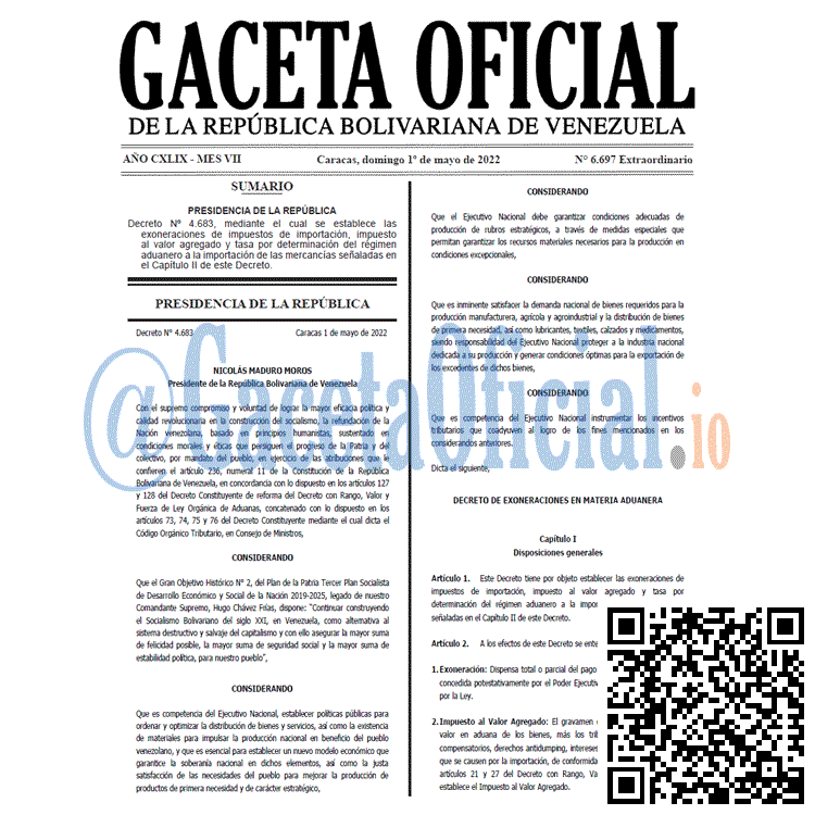 Venezuela Gaceta Oficial 6697 del 1 mayo 2022